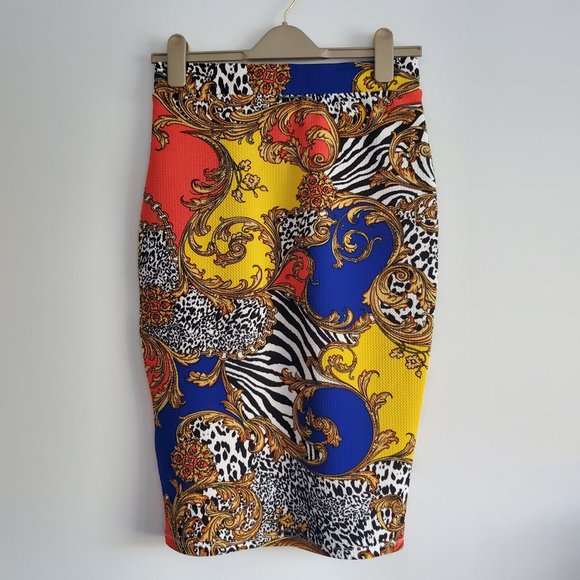 Bodycon Stretch Pencil Skirt Multi colour Baroque Animal Print Tiger Patchy Boho - Picture 4 of 5